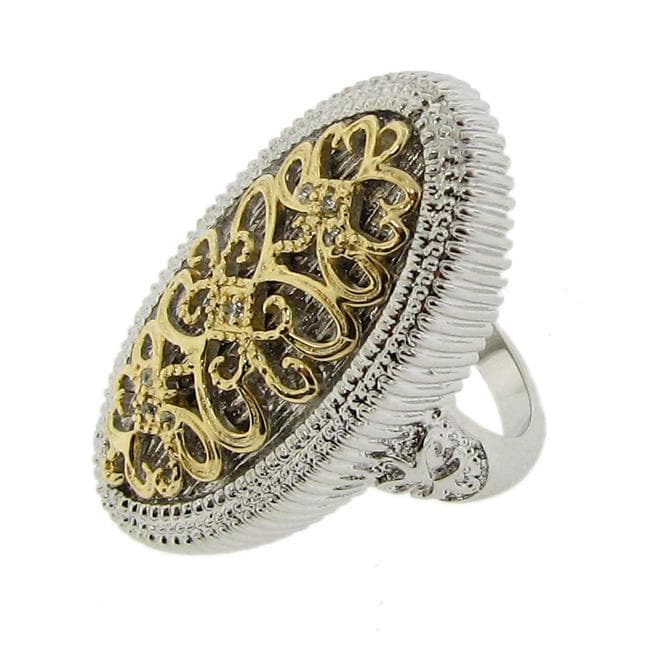14k Gold over Silver Two-tone CZ Vintage Oval Ring