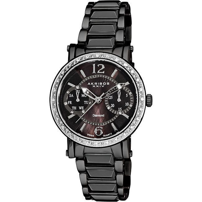 Akribos XXIV Women's Diamond Swiss Steel Ion-Plated Day/ Date Black Watch