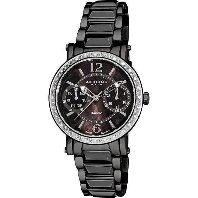 Akribos XXIV Women's Diamond Swiss Steel Ion-Plated Day/ Date Black Watch