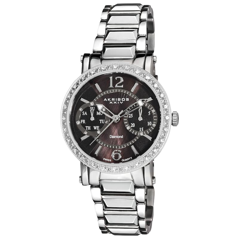 Akribos XXIV Women's Diamond Swiss Steel Day/ Date Silver-Tone Watch