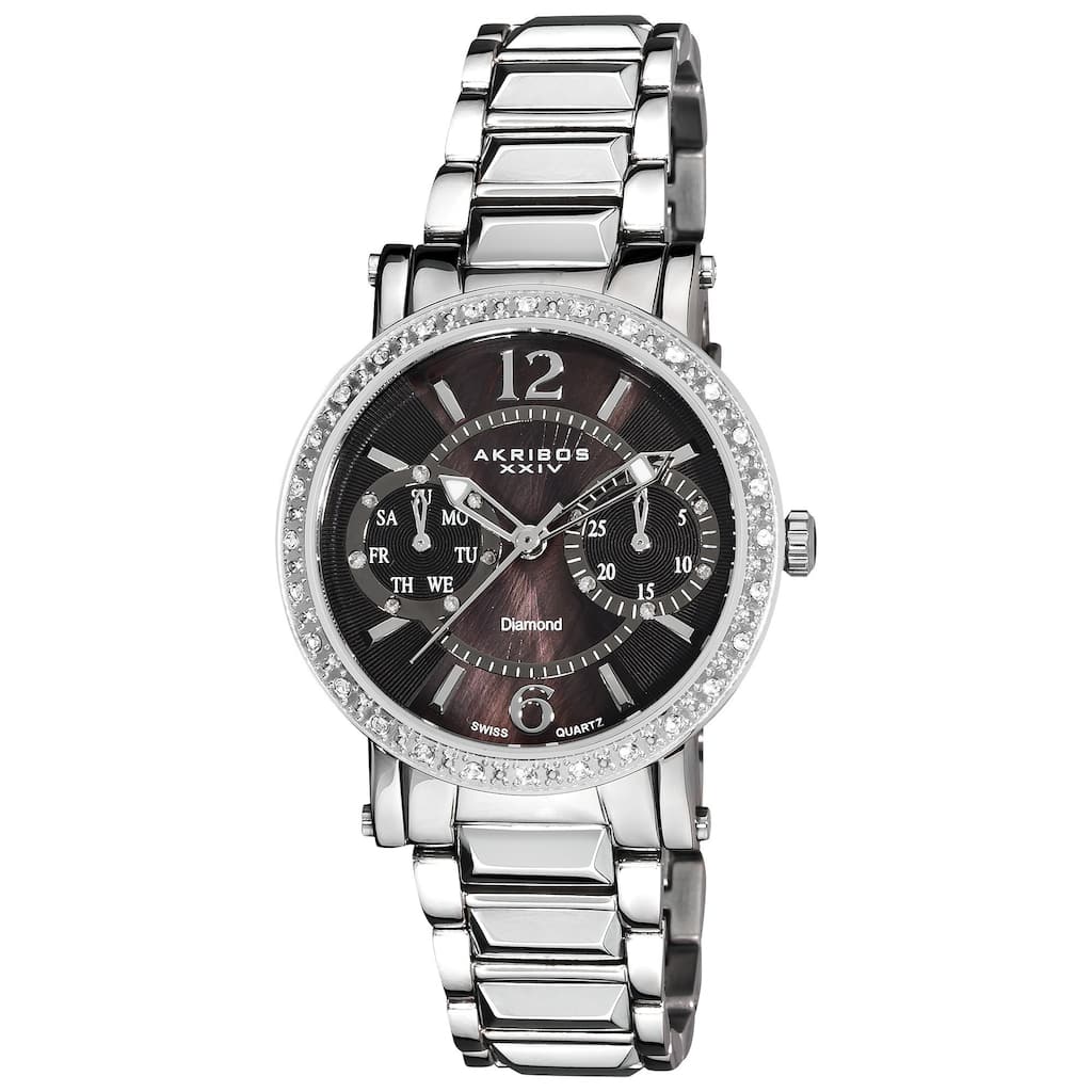 Akribos XXIV Women's Diamond Swiss Steel Day/ Date Silver-Tone Watch