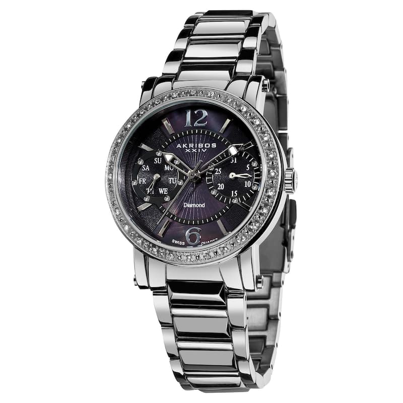 Akribos XXIV Women's Diamond Swiss Steel Day/ Date Silver-Tone Watch