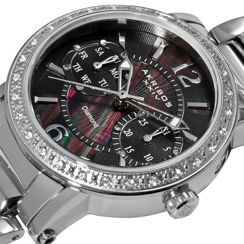Akribos XXIV Women's Diamond Swiss Steel Day/ Date Silver-Tone Watch