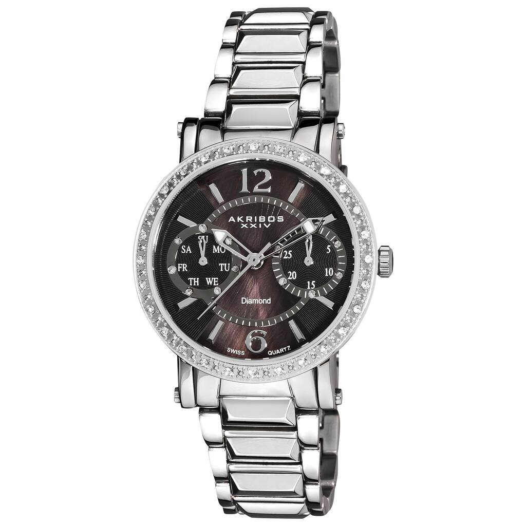 Akribos XXIV Women's Diamond Swiss Steel Day/ Date Silver-Tone Watch