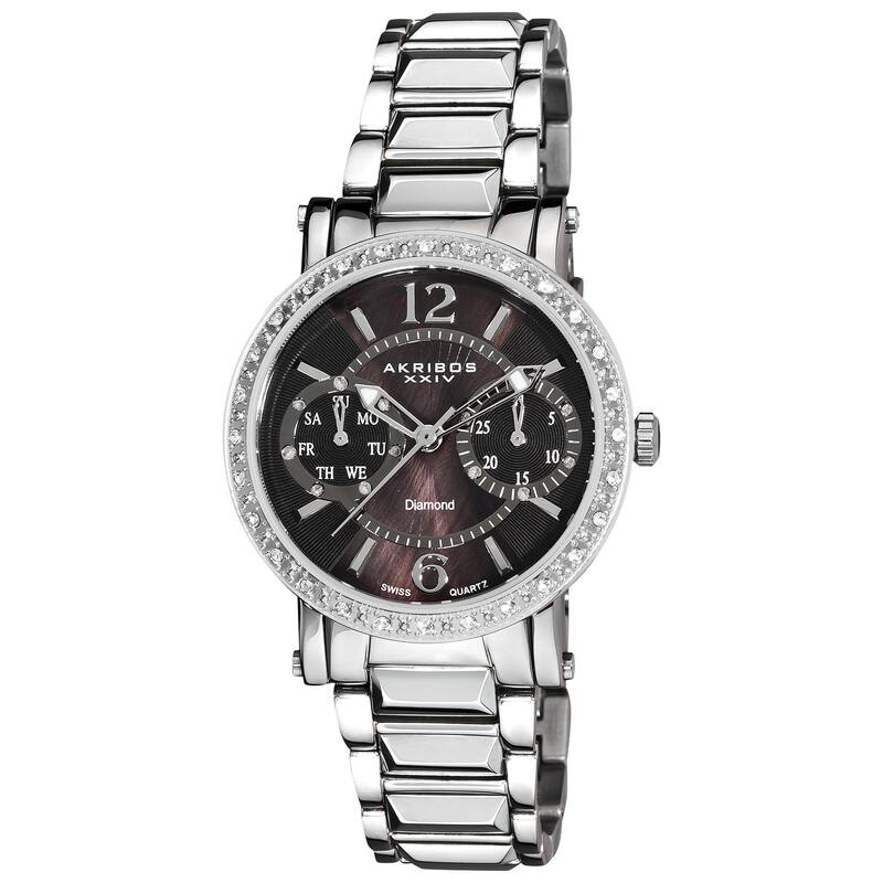 Akribos XXIV Women's Diamond Swiss Steel Day/ Date Silver-Tone Watch