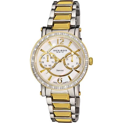 Akribos XXIV Women's Diamond Swiss Steel Diamond-Encrusted Day/ Date Gold-Tone Watch