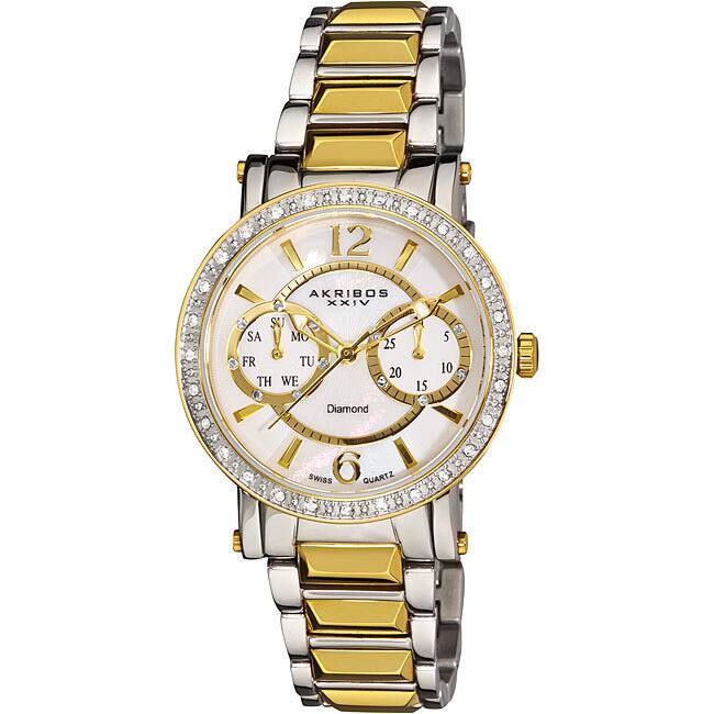 Akribos XXIV Women's Diamond Swiss Steel Diamond-Encrusted Day/ Date Gold-Tone Watch