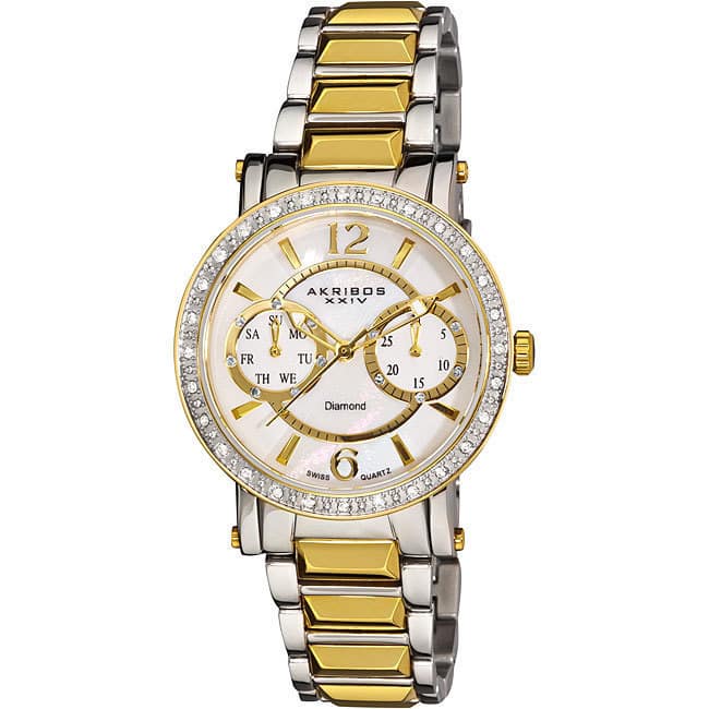 Akribos XXIV Women's Diamond Swiss Steel Diamond-Encrusted Day/ Date Gold-Tone Watch
