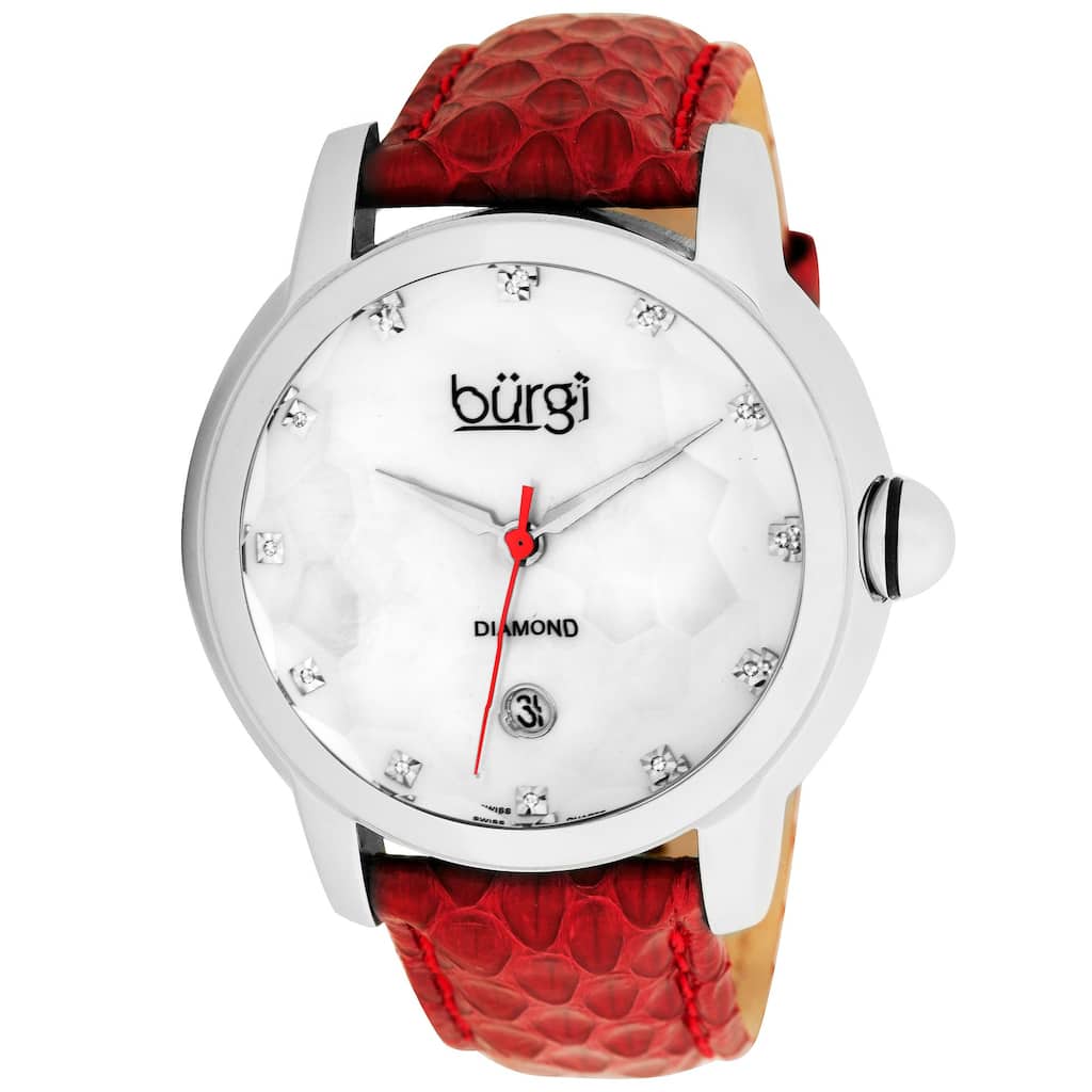 Burgi Women's Diamond Swiss Quartz Date Red Strap Watch