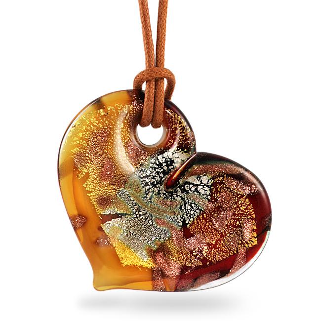 Yellow and Red Murano Glass Gold and Silver Foil Heart Necklace