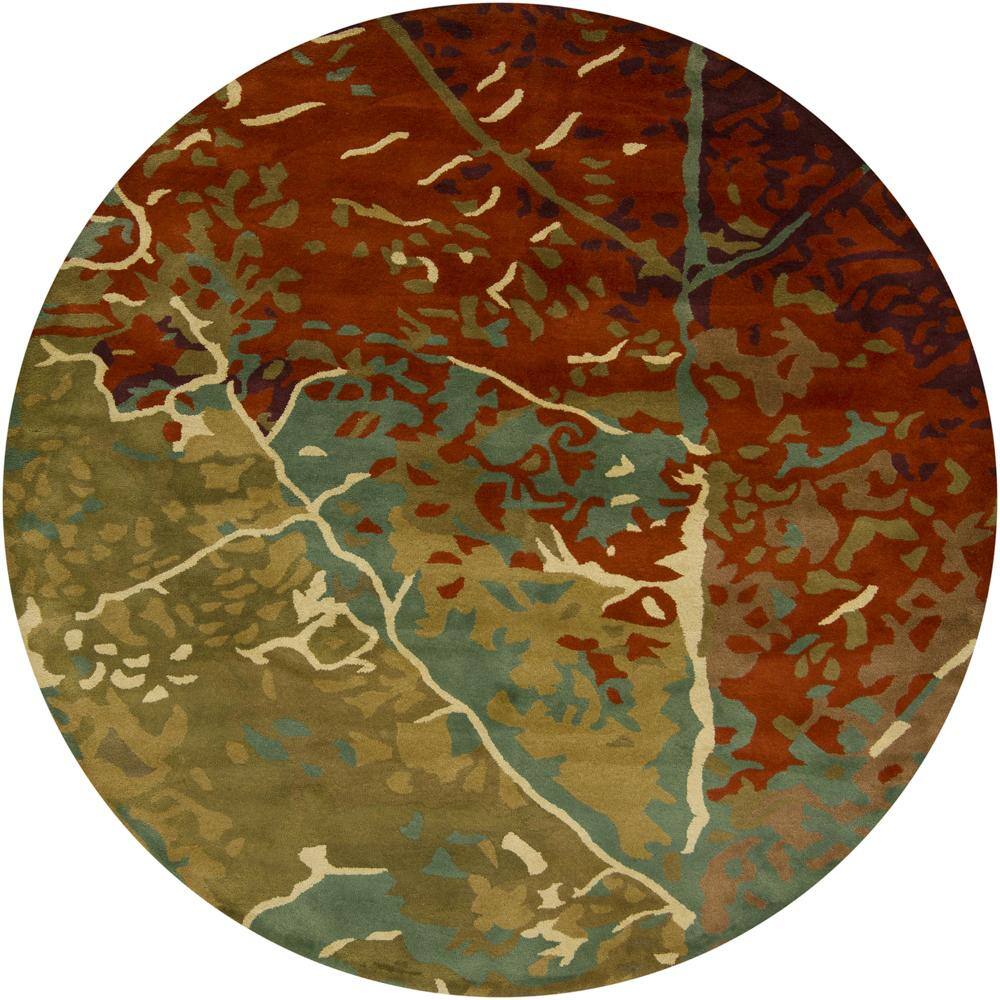 Hand-Tufted Mandara Multi New Zealand Wool Rug with Shades of Green and Dark Orange (7'9" Round)