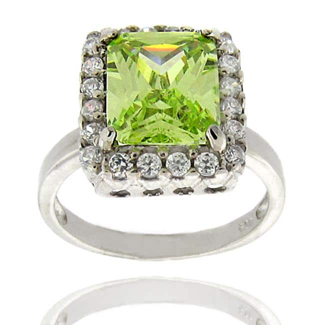Dolce Giavonna Sterling Silver Lime Cubic Zirconia Square Ring (Size 7)