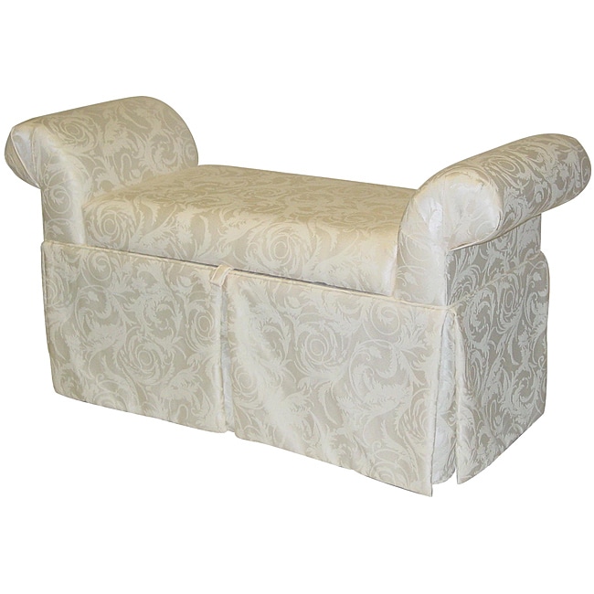 Victoria Rollarm Damask Storage Bench (ParchmentMaterials Wood, polyurethane foam padding, polyester fillUpholstery materials Cotton, polyesterUpholstery color DramaDamask printIndoor/outdoor IndoorDimensions 27 inches high x 51 inches wide x 19 inch