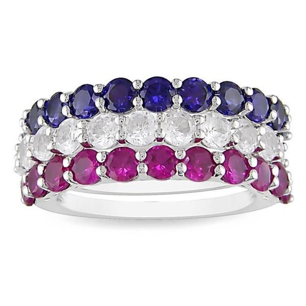 Miadora Sterling Silver Created Ruby, White and Blue Sapphire 3-piece Stackable Ring Set. Opens flyout.