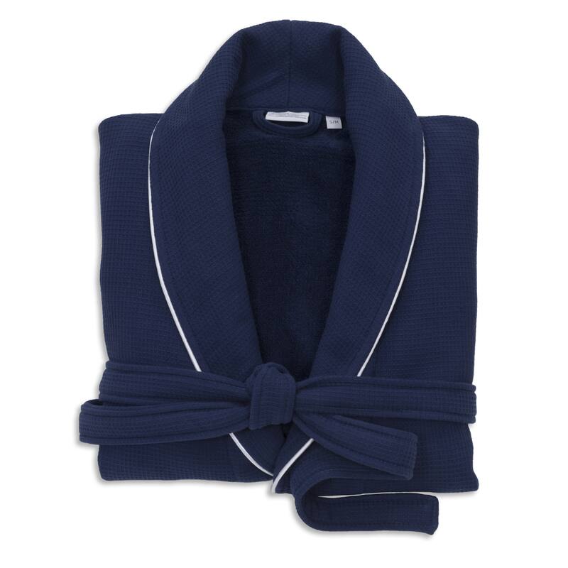 Authentic Hotel Spa Unisex Turkish Cotton Waffle Weave Terry Bath Robe - Large/Extra Large - Navy