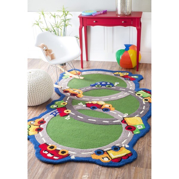 nuLOOM Hand carved Kids Green Cars & Trucks Roadway Wool Rug (3 x 5