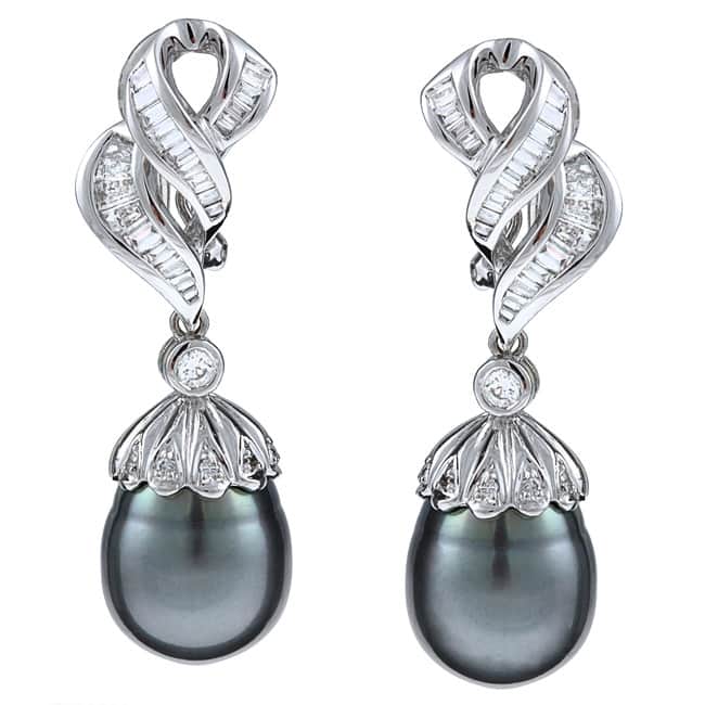 Kabella 18k White Gold Tahitian Pearl and 1 1/6ct TDW Diamond Earrings (11-12 mm) (G-H, SI2)