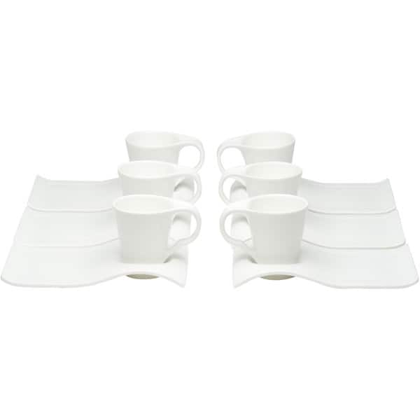 Set Of Two White Espresso Cups With Handle & Saucers, 2 Ceramic