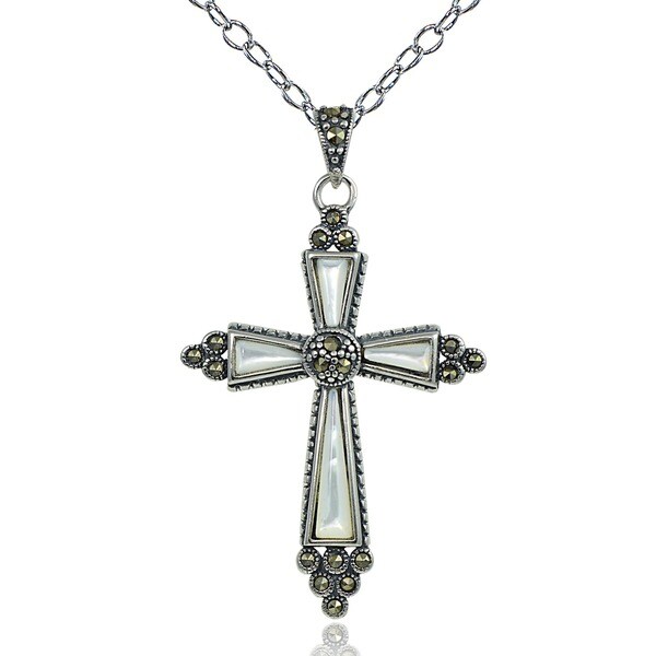 Glitzy Rocks Sterling Silver Mother of Pearl and Marcasite Cross Necklace