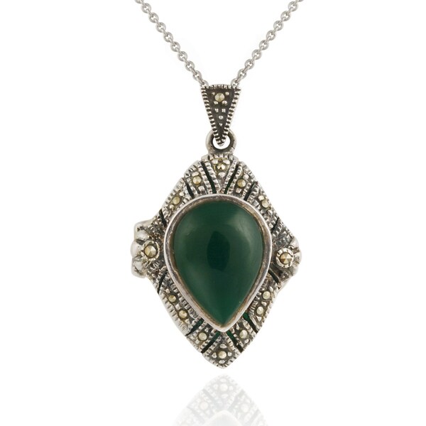 Glitzy Rocks Sterling Silver Marcasite and Agate Art Deco Locket Necklace