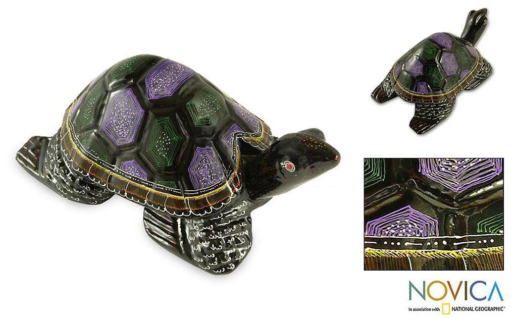 Handmade Lacquered Wood 'Longevity Turtle' Sculpture (Thailand)