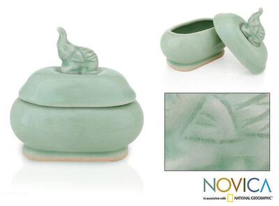 Celadon Ceramic 'Elephant Greeting' Box (Thailand)