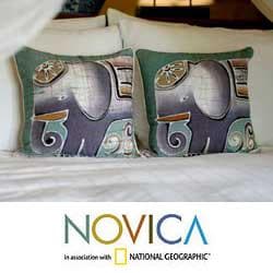 Handmade Cotton Batik Purple Pachyderm Set of Two Cushion Covers (Thailand)
