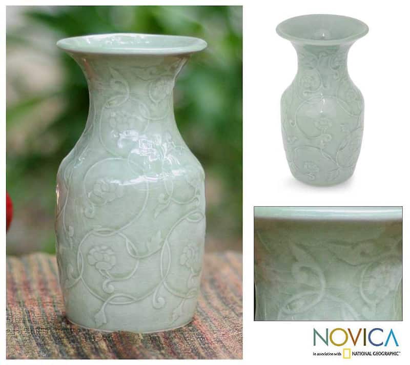 Handmade Celadon Ceramic 'Floral Fantasy' Vase (Thailand)