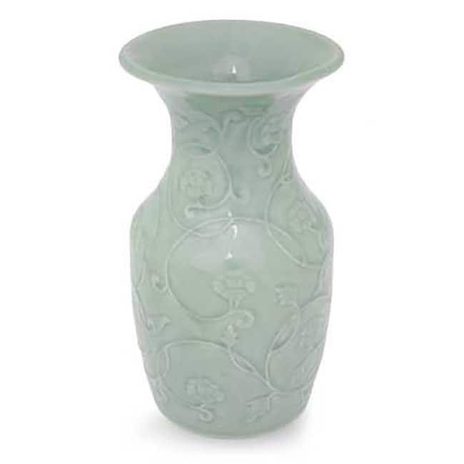 Handmade Celadon Ceramic 'Floral Fantasy' Vase (Thailand)
