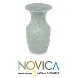 Handmade Celadon Ceramic 'Floral Fantasy' Vase (Thailand)