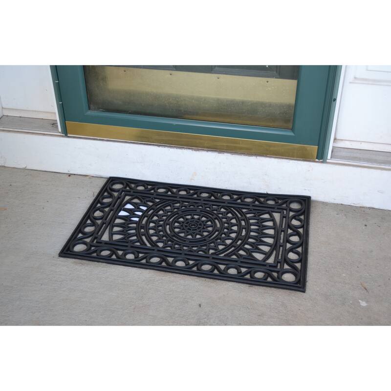 Black Rubber Scroll Sunrise Cutout Pattern Outdoor Doormat
