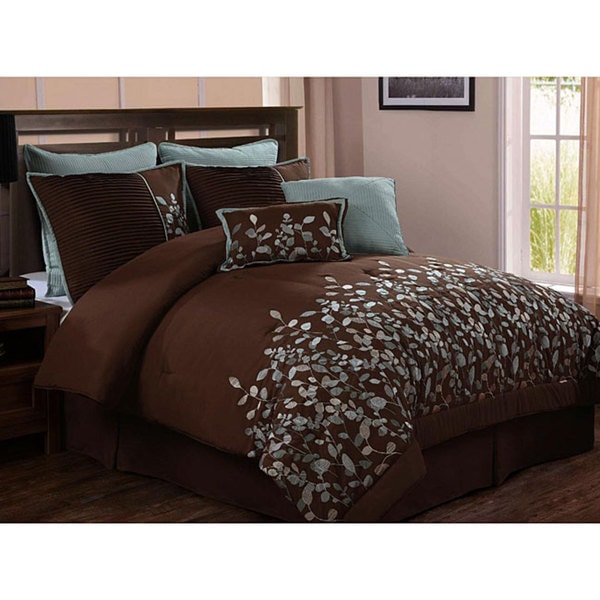 VCNY Embroidered Leaves 8-piece Chocolate Brown Comforter ...