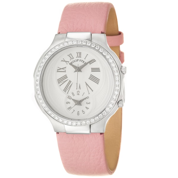 Philip Stein Womens Modern Steel and Leather Quartz Diamond Watch