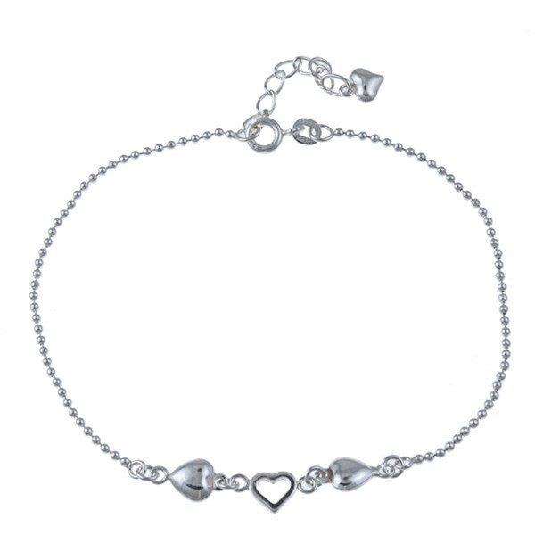 Sterling Silver 9-inch Hearts Ankle Bracelet