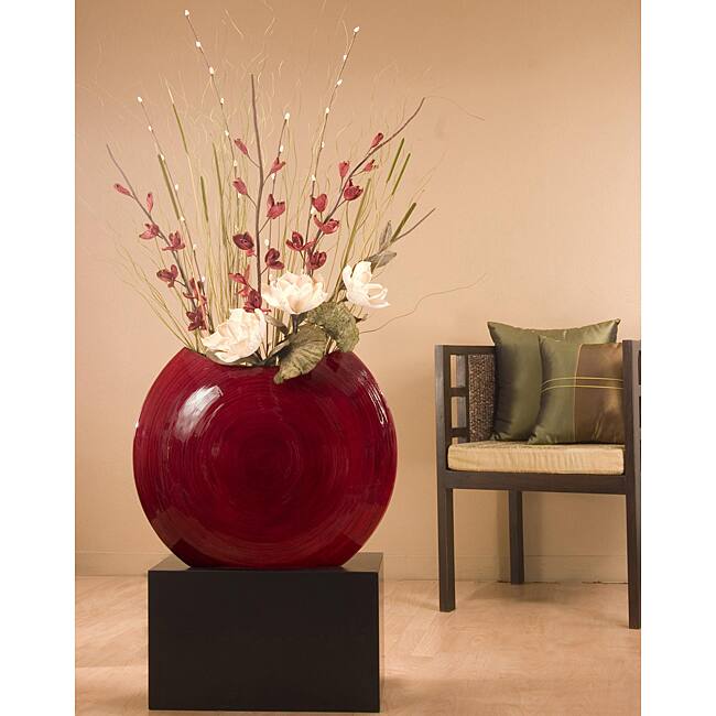 Bamboo 24-inch Red Circular Vase with Floral (Black Stand Not Included)