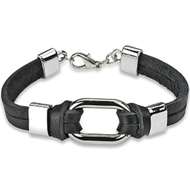 Shop Steel Link and Double Black Leather Strap Bracelet Free Shipping