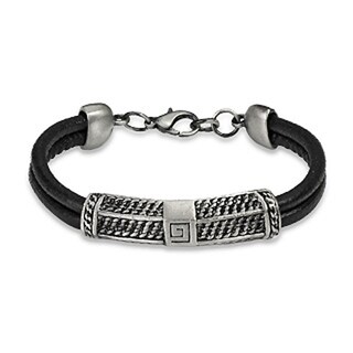 Shop Antiqued Stainless Steel Bar Double Strand Leather Bracelet ...
