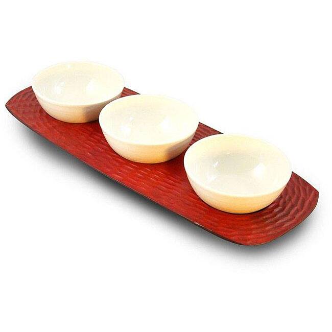 Handmade Mango Wood Brick Red Three-bowl Server Set (Thailand)