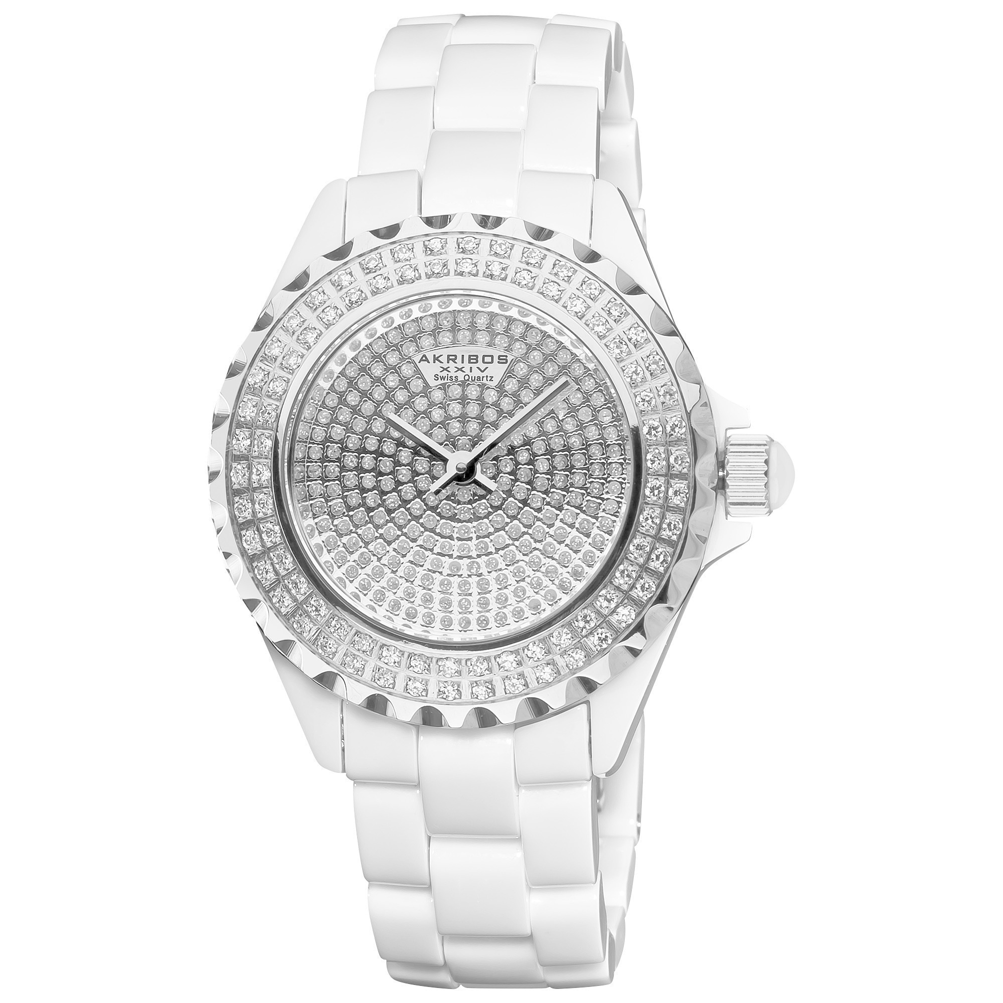 Akribos XXIV Women 's Swiss Quartz With多機能Pave Sparkleダイヤルとスワロフスキークリスタルアクセント付きベゼルゴールド調ケースに、ゴールド調ステンレ AKRIBOS XXIV, Women\u0027s, Ceramic, Water Resistant, Swiss Quartz, New Battery,  Runs