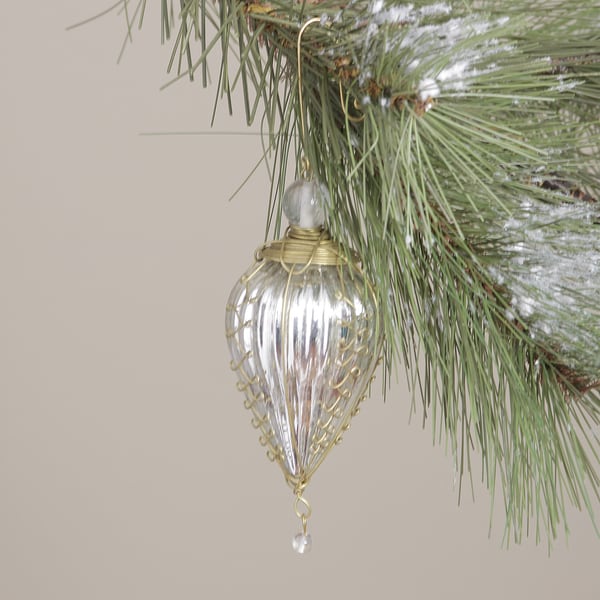 Glass and Brass Trim Silver Kugel Christmas Ornament (India)
