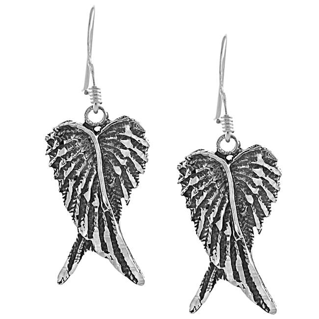 Journee Collection Sterling Silver Oxidized Angel Wings Dangle Earrings