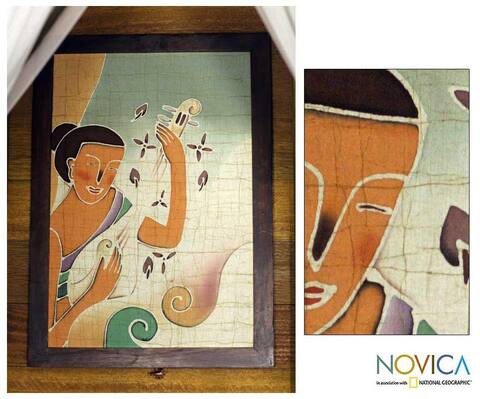 Handmade Alaya Cholprasertsuk 'Lanna Melodies' Framed Batik Art (Thailand) - Green/Brown/Multi-color