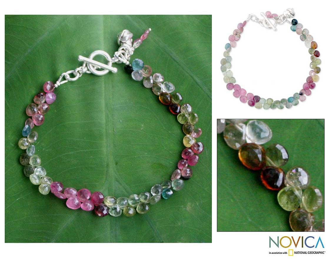 Shop Handmade Sterling Silver 'Romantic Rain' Tourmaline Beaded Bracelet (Thailand) Free