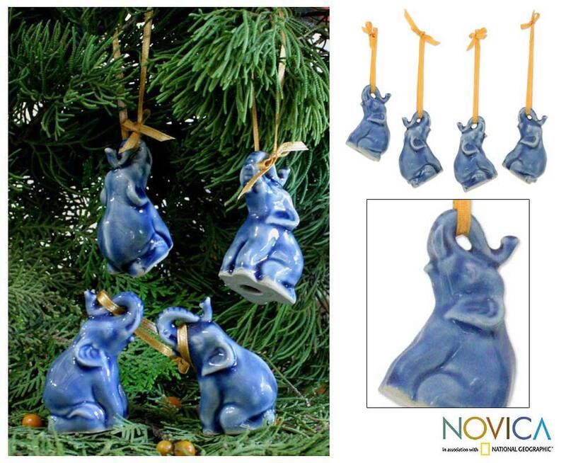 Handmade Set Of 4 Ceramic 'Blue Elephant Heralds' Celadon Ornaments (Thailand)