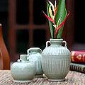 Handmade Set of 3 'Sawankhalok Meadows' Celadon Ceramic Vases (Thailand)