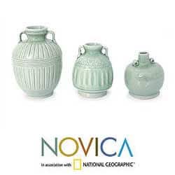 Handmade Set of 3 Sawankhalok Meadows Celadon Ceramic Vases (Thailand)