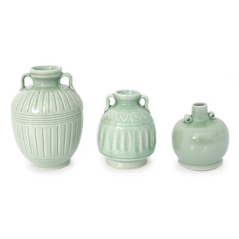 Handmade Set of 3 Sawankhalok Meadows Celadon Ceramic Vases (Thailand) - Green