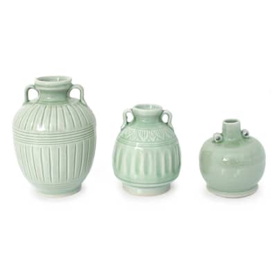 Handmade Set of 3 Sawankhalok Meadows Celadon Ceramic Vases (Thailand)