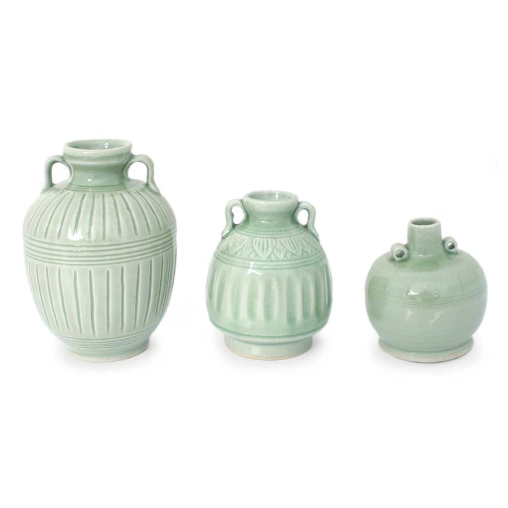 Handmade Set of 3 Sawankhalok Meadows Celadon Ceramic Vases (Thailand)