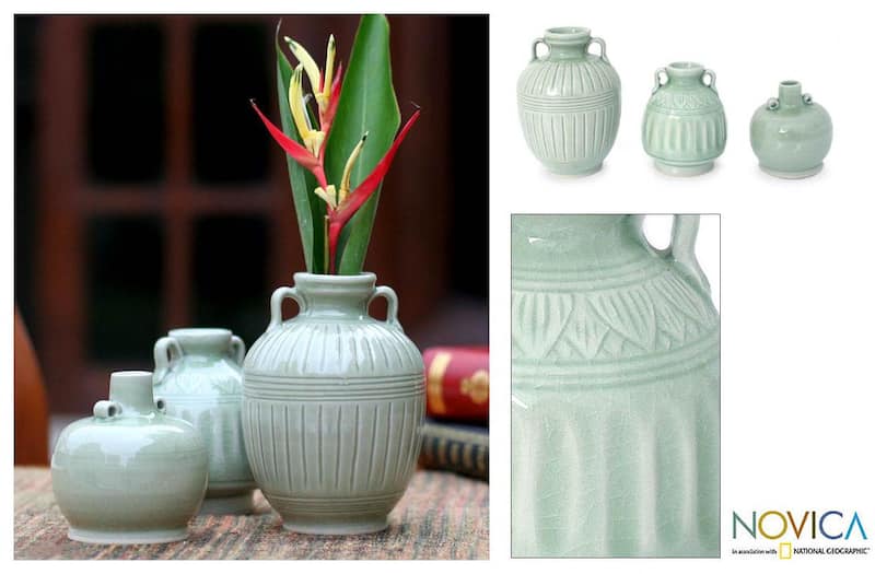 Handmade Set of 3 Sawankhalok Meadows Celadon Ceramic Vases (Thailand)
